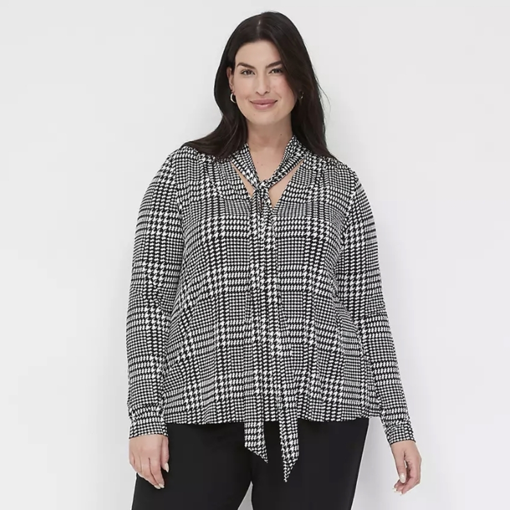Lane Bryant Black White Plaid Herringbone Swing Tie Neck Long Sleeve Top 14/16